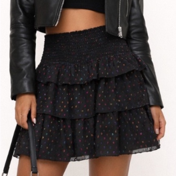 KOCH Dresses & Skirts - KOCH Black Rainbow Confetti Mini Skirt Metallic Swiss Dot Crepe Elastic Waist M